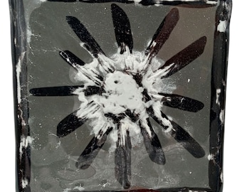 Black White Abstract Fused Glass Art Plaque Tile Sculpture OOAK Collectible Gray