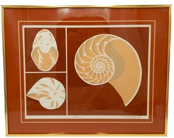 Seashell Framed Art Print Vintage 1980s Nautilus Beach Sand Sea Shell Home Decor