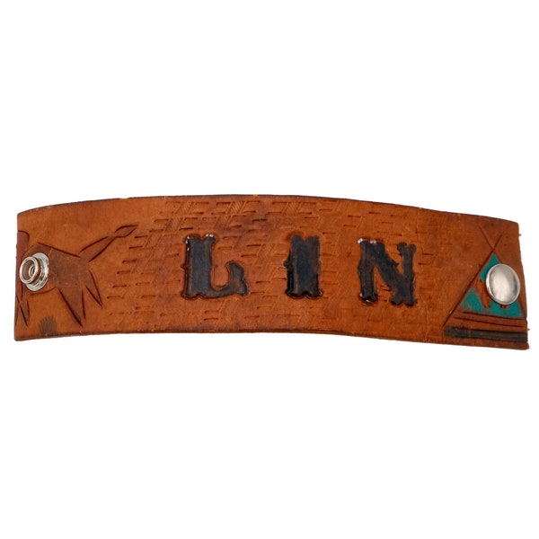 Vintage Leder Armband Western Rockabilly Lin Türkis Teepee Distressed 15 cm