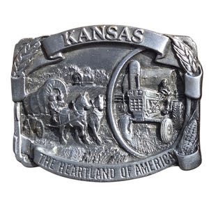 Boucle de ceinture Kansas vintage Heartland Of America des années 1980, cheval tracteur fermier