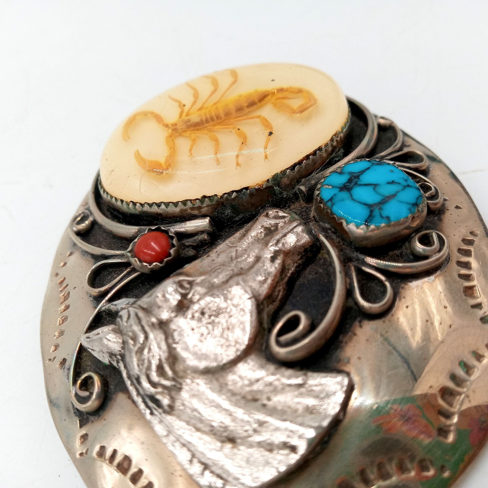 Scorpion Horse Belt Buckle Turquoise Coral Cowboy Native  display picture 2