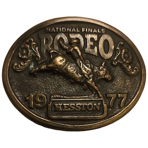 Vintage 1977 Bull Rider Belt Buckle National Finals Rodeo Western Hesston NFR Cowboy