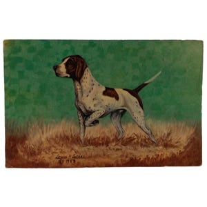 Cartão postal de cão pássaro ponteiro LH Dude Larsen Artista Coruja Farmácia Sayre Oklahoma