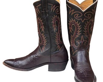 Botas vaqueras vintage Nocona de dos tonos de cuero marrón para hombre, talla 11.5 AA, extra estrechas.