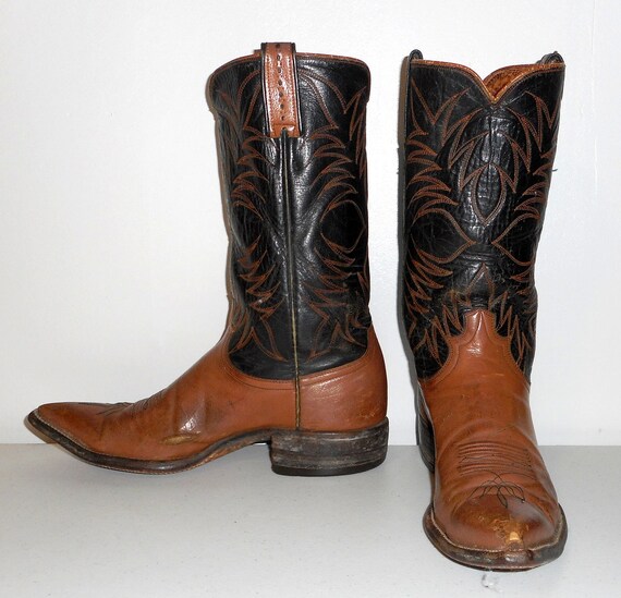 Mens Size 9 B Cowboy Boots Justin Black Tan Narrow Distressed | Etsy