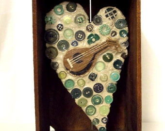 Guitar Heart Assemblage Art Mosaic Green Brown Vintage Buttons Found Object