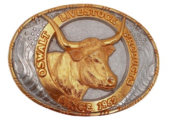 Oswalt Livestock Products Belt Buckle Longhorn Cow Cattle Feed Vintage Limited Edition