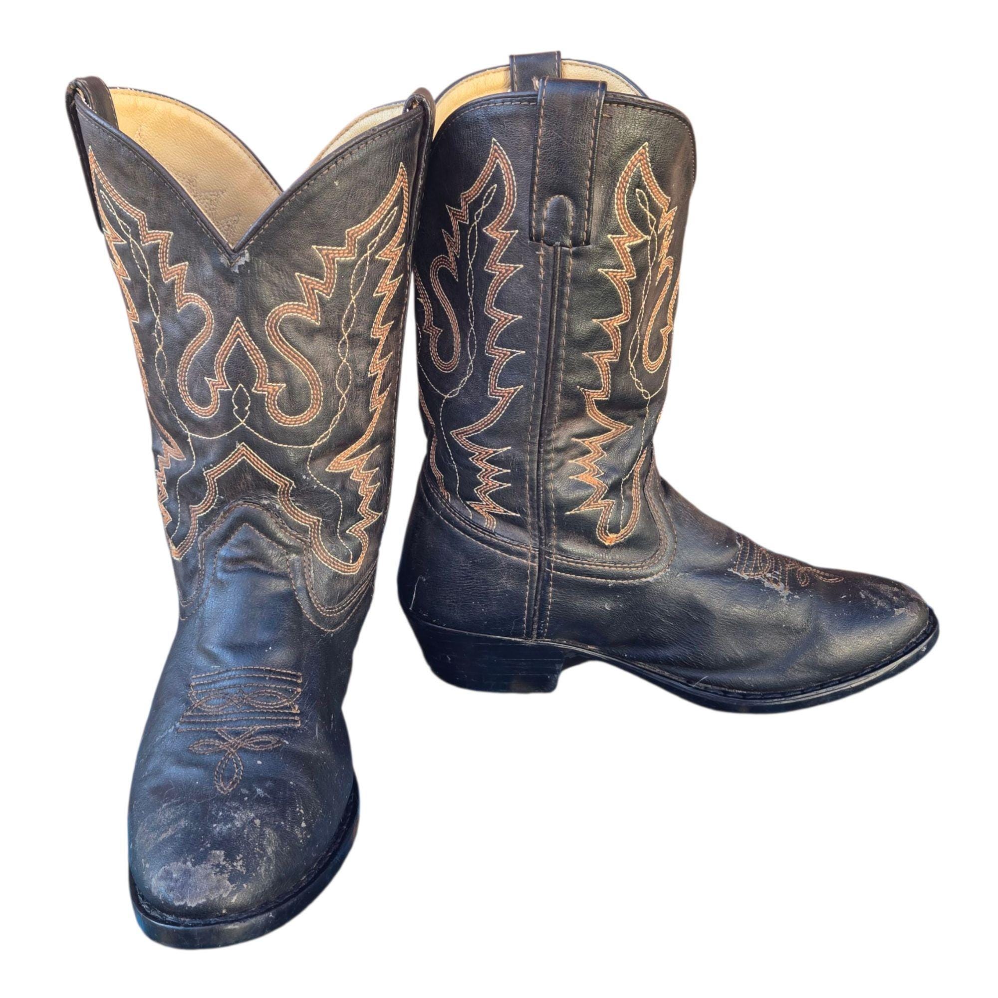 Bottes De Cowboy Justin Western Vintage - Cuir Noir - Taille Homme US 9
