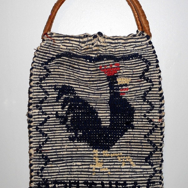 Vintage Rooster Tote Bag Portugal Woven Rattan Handle Souvenir Boho Hippie Purse