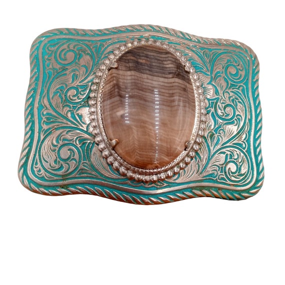 Brown Tan Stone Belt Buckle Vintage Turquoise Cou… - image 1
