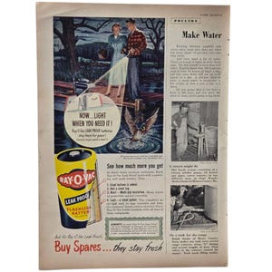 May include: Vintage advertisement for Ray-O-Vac Leak Proof Flashlight Batteries. The ad features a couple using a flashlight, a duck landing in water, and a large yellow battery with black and red text. The text reads "Buy Spares... they stay fresh."