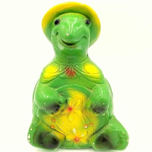 Vintage Turtle Bank Chalkware Silvestri Bros Large 12 Inch Green Flowers Retro