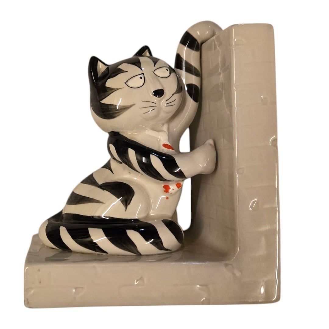 Takahashi Cat Bookend Ceramic Black White Striped Made in Japan