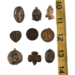 Vintage Religious Medals Pendants Lot Of 9 Jesus Mary Saints Prayer Tokens Etc