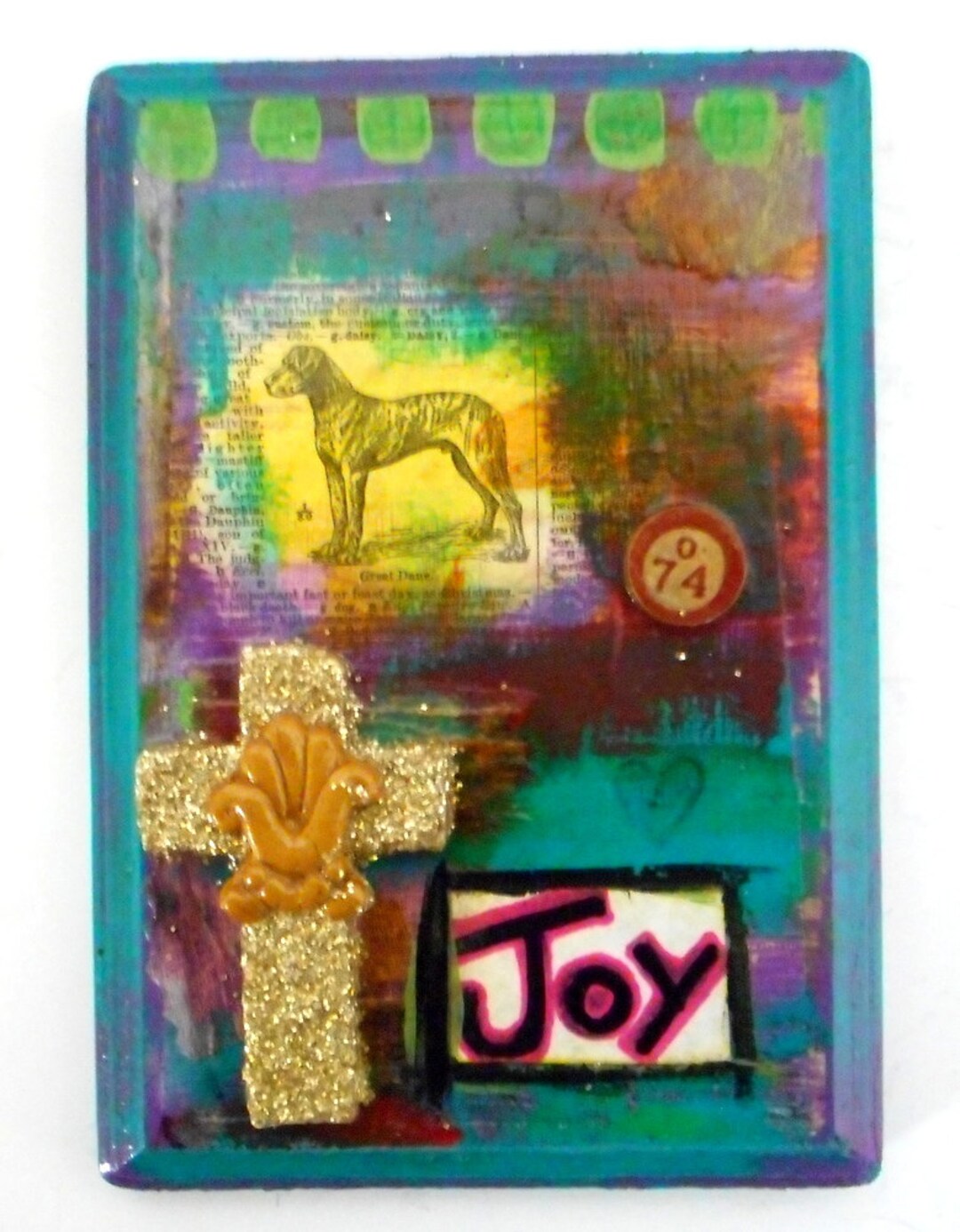 Great Dane Joy Dog Mixed Media Altered Art Collage Gold Cross Turquoise