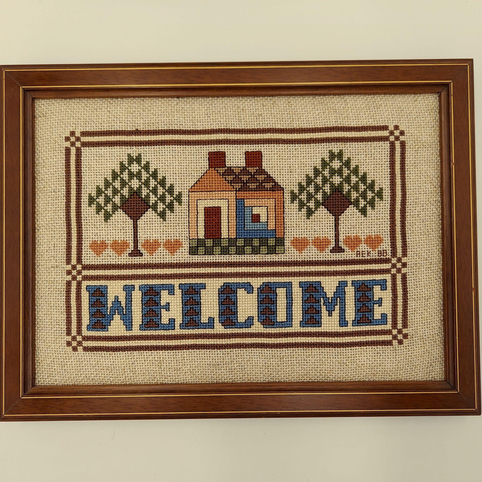 Framed Cross Stitch Completed 1988 Vintage Primitive Etsy