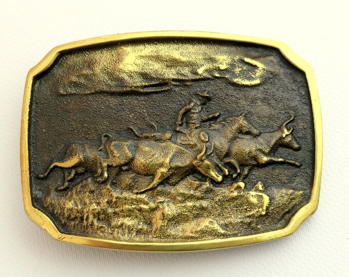American Cowboy Belt Buckle Brass Heritage Mint 1976 Cattle Drive Horse