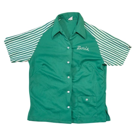 Hilton Vintage Bowling Shirt Green Striped Chainstitch Embroidered