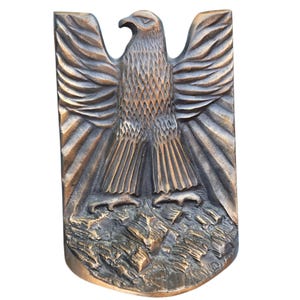 Peut inclure: Sculpture d'aigle de couleur bronze, avec des ailes déployées, sculptée en relief. L'aigle est perché sur une base rocheuse. La sculpture a une texture détaillée et est sur fond blanc.