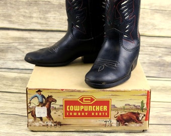 Cowpuncher Cowboy Boots Acme Black Leather Kids Toddlers Size 7.5 D With Original Box Vintage