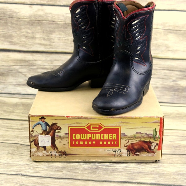 Cowpuncher Cowboy Boots Acme Black Leather Kids Toddlers Size 7.5 D With Original Box Vintage