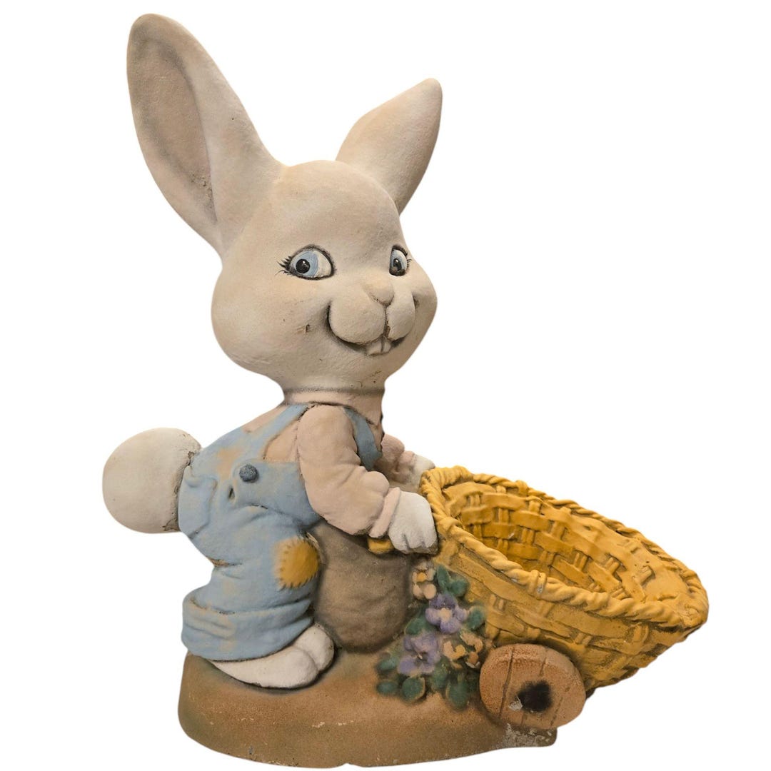 Vintage Bunny Rabbit in Overalls Sculpture Cement Wheelbarrow Planter ...