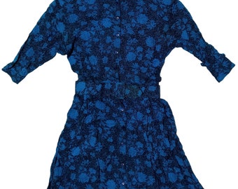 Vintage Blue Black Floral Dress Laine USA Small Belt Gothic Dark Academia