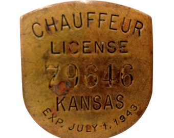 1943 Kansas Chauffeur License Badge Pin Button Brooch KS Collectible