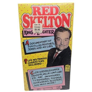 May include: A VHS tape case with a yellow background and a picture of Red Skelton. The title is "Red Skelton King of Laughter" and the text says "A Documentary of Fun-Filled Routines, Jokes and Ad-Libs Plus His Famous Characters Including Clem Kadiddlehopper, Deadeye, Willie Lump Lump, etc. And... Uncensored TV Rehearsal Footage, Outrageous Bloopers and Much More!"