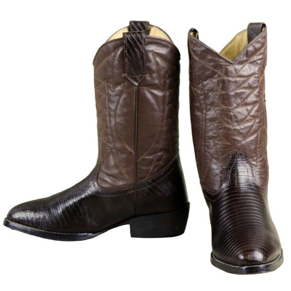 Vintage Womens Western Cowboy Boots Brown Lizard Print Cowgirl Fashion