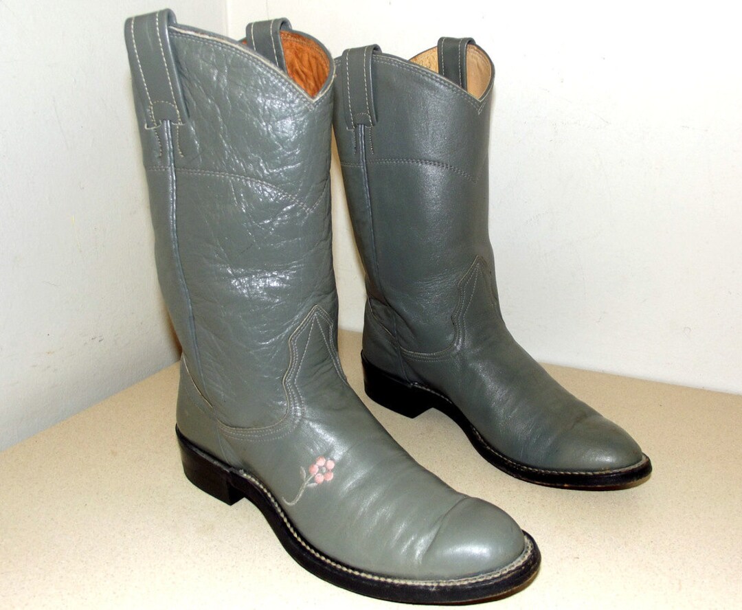 Grey Leather Roper Style Cowboy Boots 