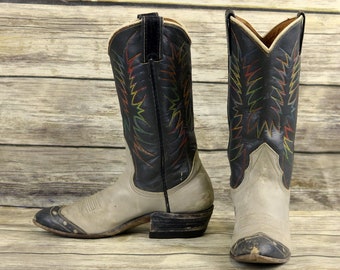 Nocona Cowboy Boots Grey Leather Size 4.5 B Distressed Vintage Rainbow Stitching