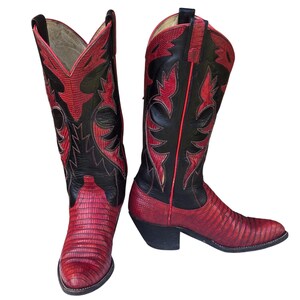 May include: A pair of cowboy boots in red and black. The boots have a pointed toe and a stacked heel. The vamp and foot are red, while the shaft is black with red decorative stitching.