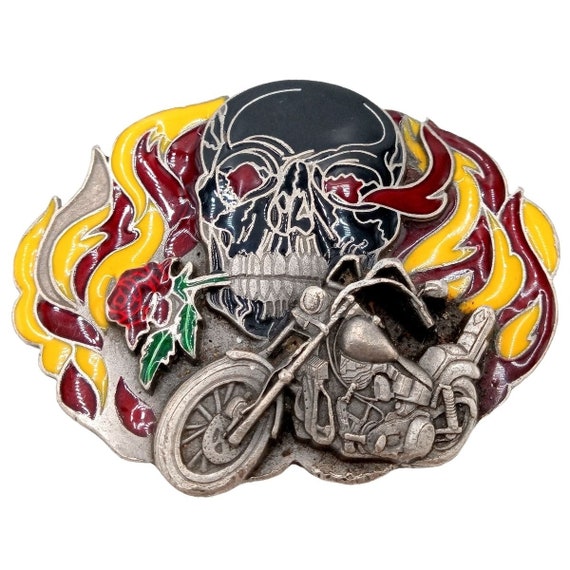 Black Skull Motorcycle Belt Buckle Flames Wild An… - image 1