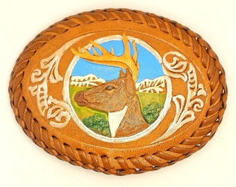 Deer Belt Buckle Painted Leather Vintage Western Wear