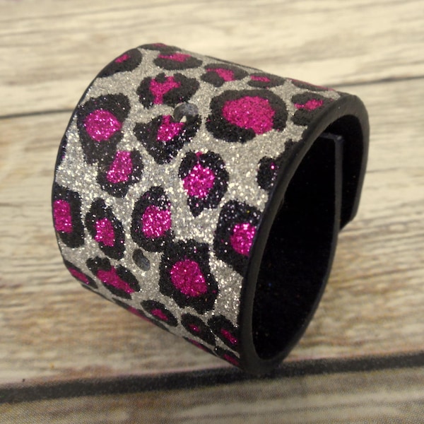 Pink Leopard Wrist Cuff Bracelet Silver Black Boho Western Rockabilly Jewelry