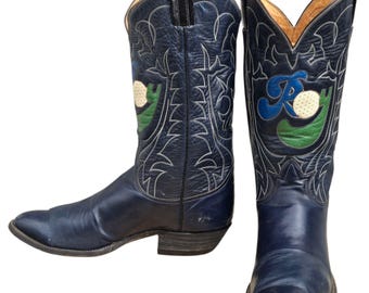 Tony Lama Roy Clark Cowboy Boots Golf Thema Blau Leder Herren 10 D Western Wear