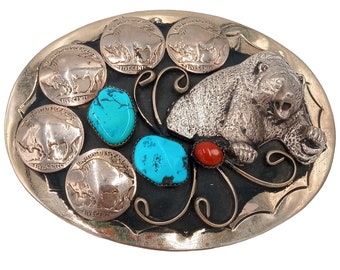 Grizzly Bear Buffalo Nickels Belt Buckle Turquoise Coral Western Rockabilly Biker Vintage