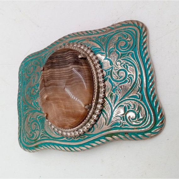 Brown Tan Stone Belt Buckle Vintage Turquoise Cou… - image 4