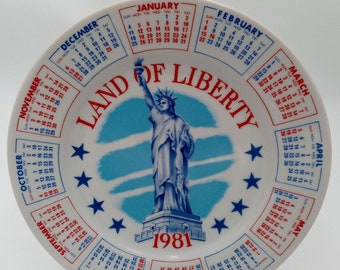 1981 Calendar Plate Spencer Gifts Americana Red White Blue Statue Of Liberty 9 Inch