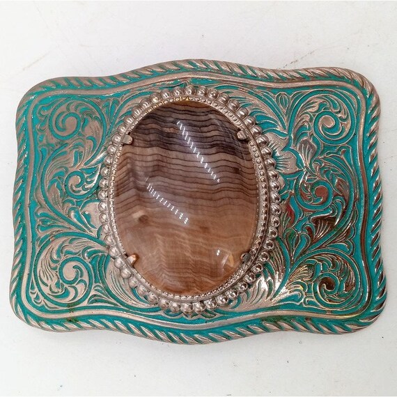 Brown Tan Stone Belt Buckle Vintage Turquoise Cou… - image 6