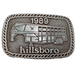 Livestock Trailer Belt Buckle 1989 Trucker Cowboy Cattle Hauler Vintage Hillsboro KS