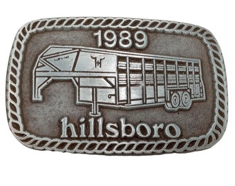 Livestock Trailer Belt Buckle 1989 Trucker Cowboy Cattle Hauler Vintage Hillsboro KS