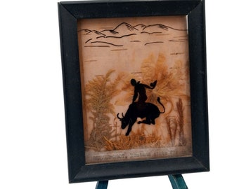 Antique Bull Rider Cowboy Silhouette Pressed Flowers Bitter Root Montana Steer Western Ranch