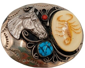 Schorpioen Paard Riem Gesp Turquoise Koraal Cowboy Indiaanse Country Western Vintage
