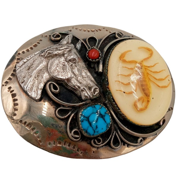 Scorpion Horse Belt Buckle Turquoise Coral Cowboy Native American Country Western Vintage