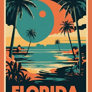 Peut inclure: Une affiche de voyage vintage au design r&eacute;tro repr&eacute;sentant un coucher de soleil bleu et orange sur une plage avec des palmiers et le texte "FLORIDA".