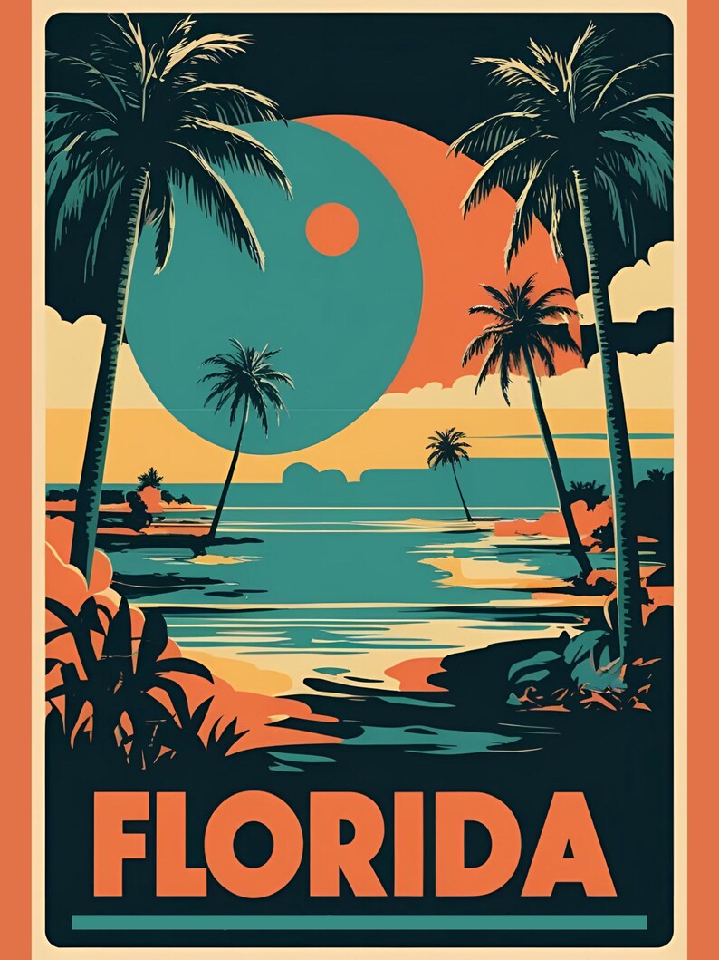 Peut inclure: Une affiche de voyage vintage au design r&eacute;tro repr&eacute;sentant un coucher de soleil bleu et orange sur une plage avec des palmiers et le texte "FLORIDA".