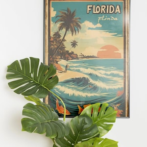 May include: A vintage-style poster with a retro illustration of a beach scene in Florida. The poster features a palm tree, a couple walking on the beach, and a sunset over the ocean. The text "Florida" is printed in bold letters at the top of the poster, and the text "Flinda" is printed in smaller letters below it.