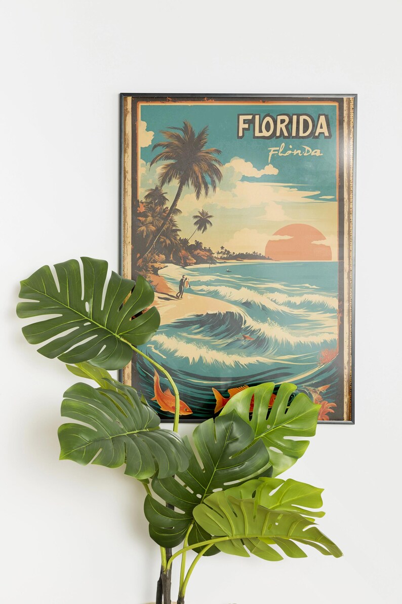 May include: A vintage-style poster with a retro illustration of a beach scene in Florida. The poster features a palm tree, a couple walking on the beach, and a sunset over the ocean. The text "Florida" is printed in bold letters at the top of the poster, and the text "Flinda" is printed in smaller letters below it.